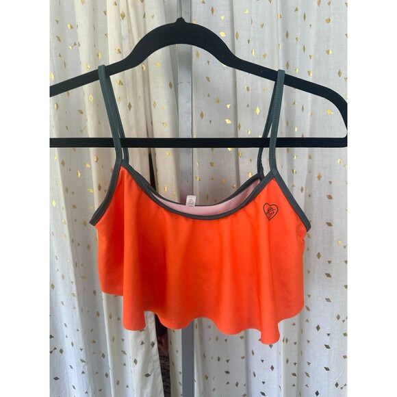 Loco Boutique Hawaii Solid Orange Gray Logo Flounce Sporty Crop Swim Bra Top S - Picture 2 of 6